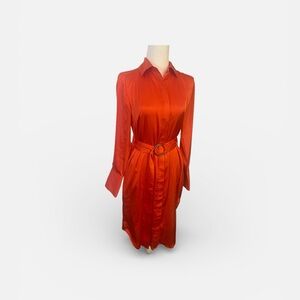 Banana Republic Orange Satin Shirt Dress Long Sleeve Belted XS
